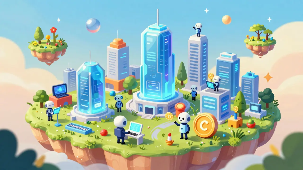 Robots building futuristic structures using glowing coins in a vibrant, connected digital city.