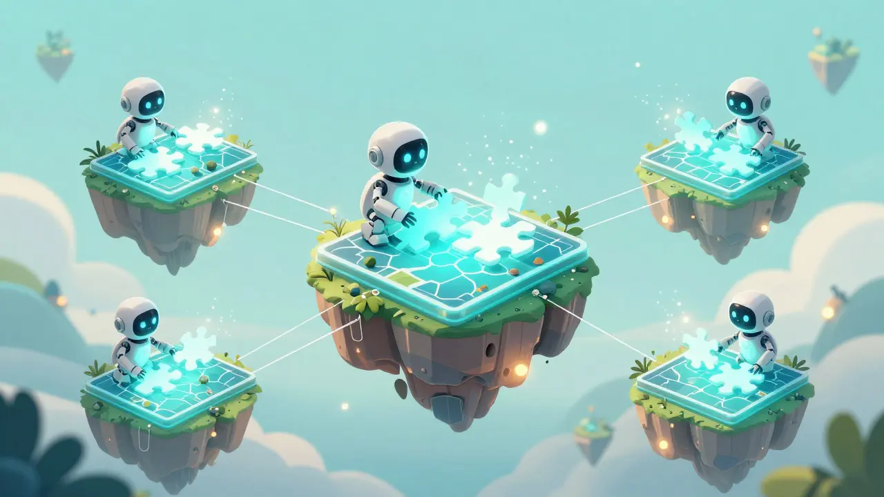 Small AI robots organizing puzzle pieces across floating islands.