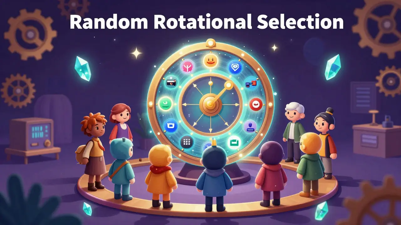 Storybook scene of characters around a magical spinning wheel representing network consensus.