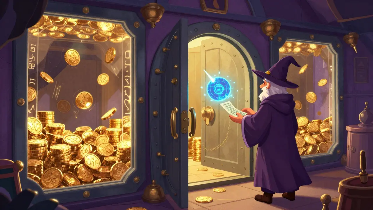 Whimsical art of a vault locking coins to generate wrapped digital receipts.