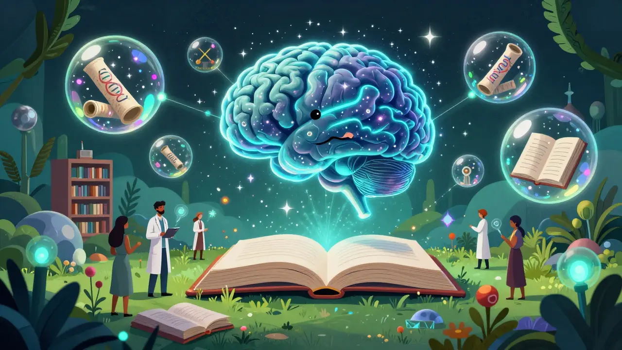 Whimsical depiction of a stardust AI interacting with floating data crystals in a futuristic garden.