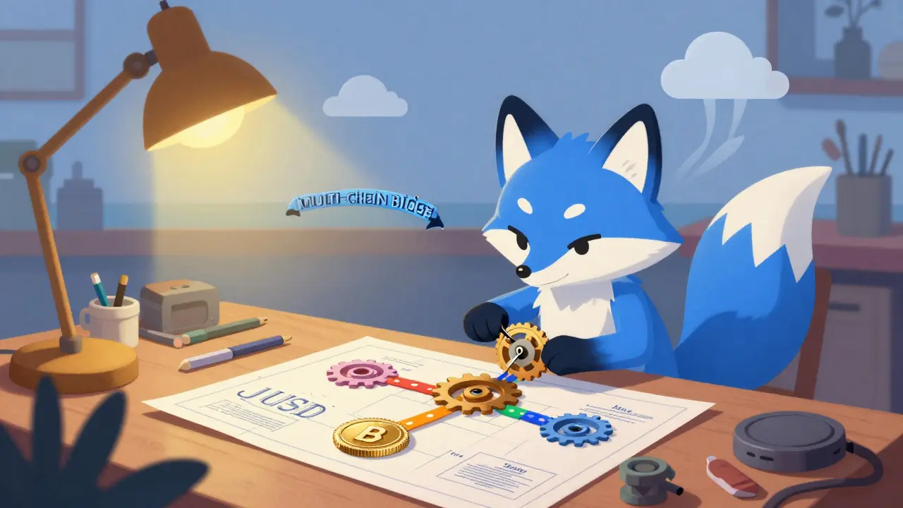 A blue fox crafting future DeFi tools and bridges in a warm, illustrated workshop scene.