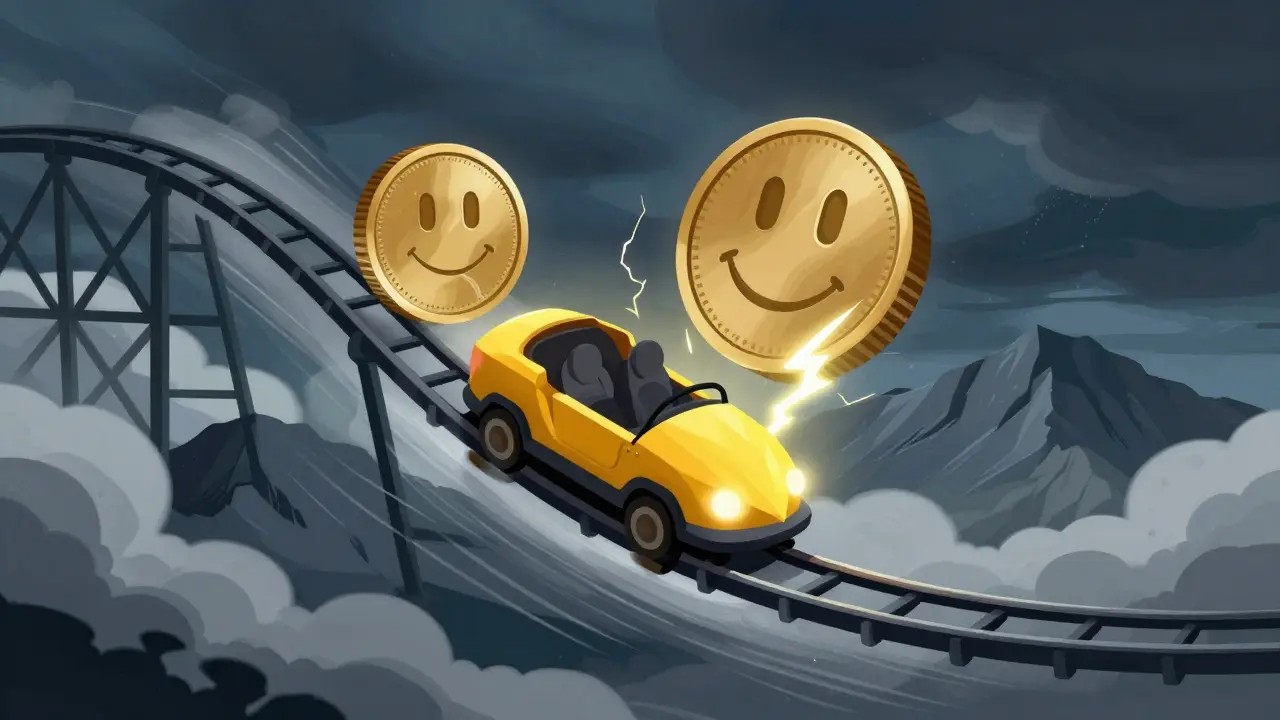 A coin-shaped rollercoaster crashing down a steep drop in a storm