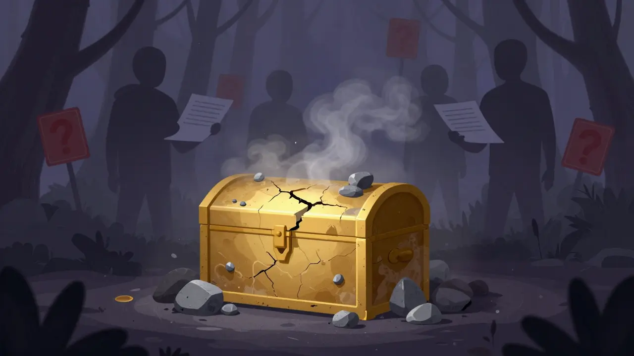 A cracked, dusty chest in a dark forest with shadowy figures and fading tokens, symbolizing project collapse.