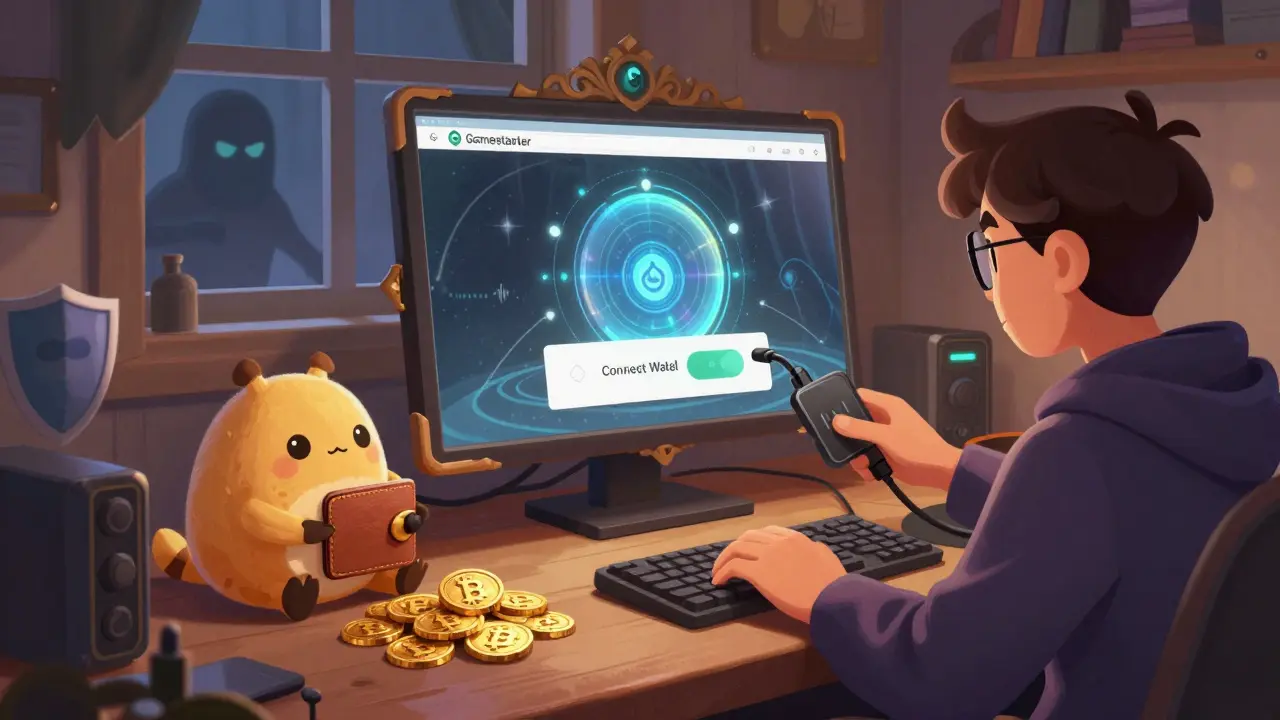 A gamer securely connecting their wallet to the Gamestarter platform in a cozy room.