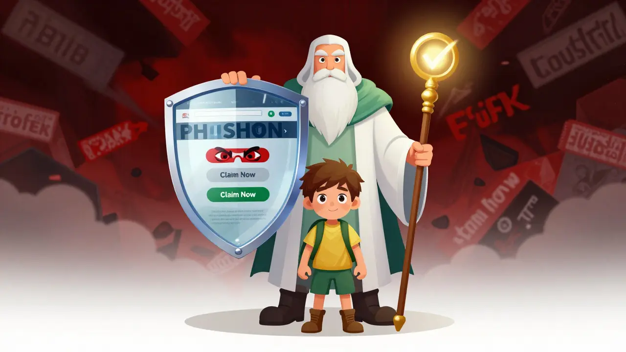 A guardian shielding an adventurer from a storm of fake phishing links and deceptive offers.