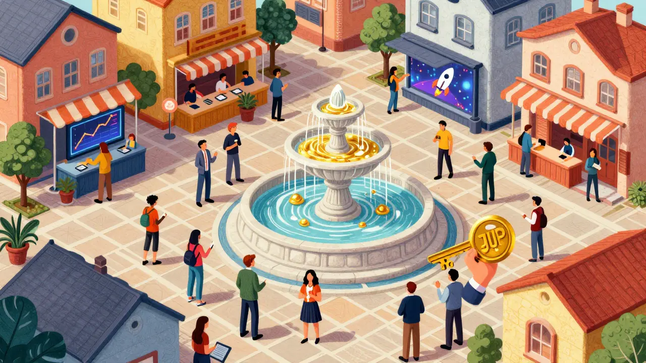 A vibrant town square on Solana featuring a liquidity fountain and trading kiosks in illustration style.