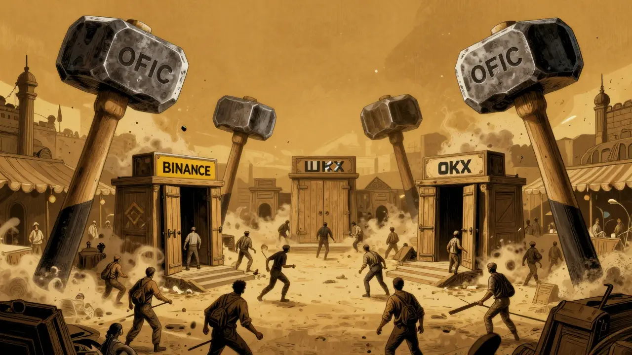 Art showing hammers striking market pillars as exchange gates close.