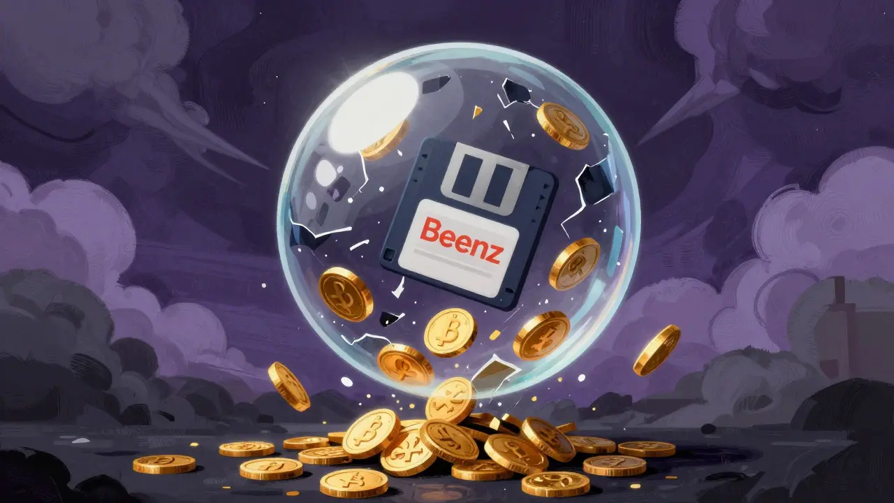 Artistic depiction of the dot-com crash shattering the original Beenz platform.
