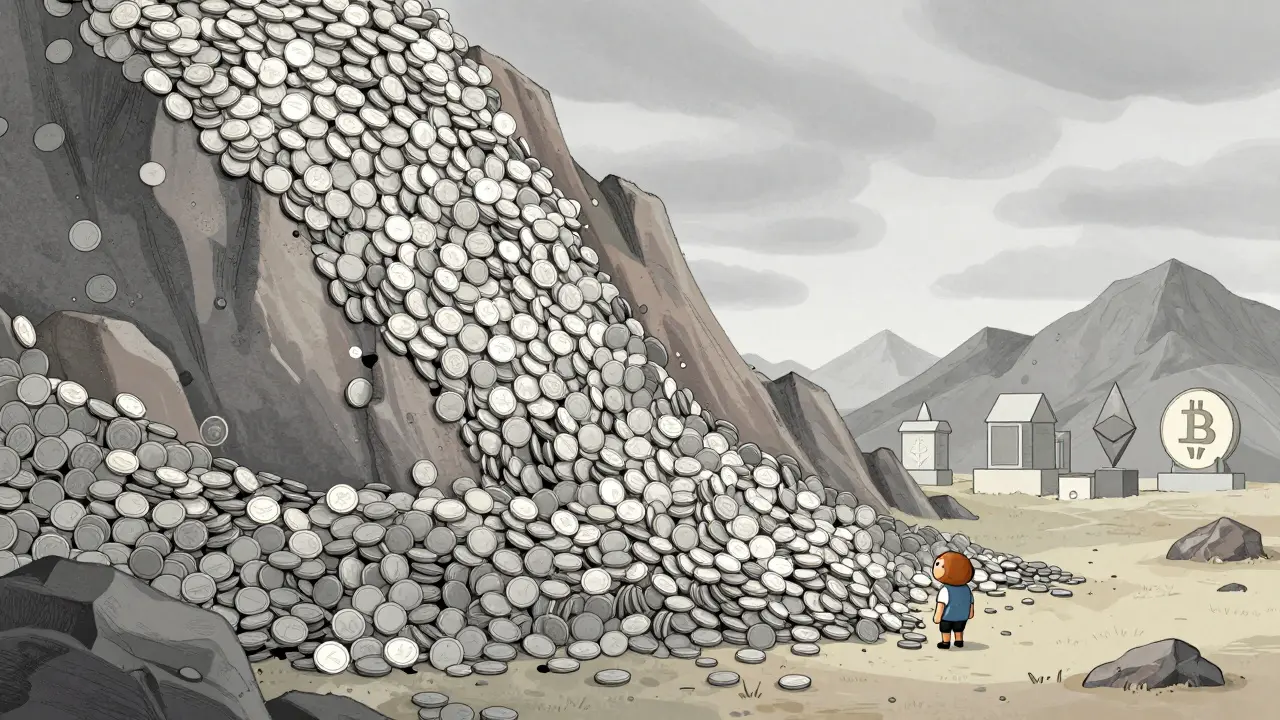 Avalanche of tiny coins burying an explorer, showing inflation