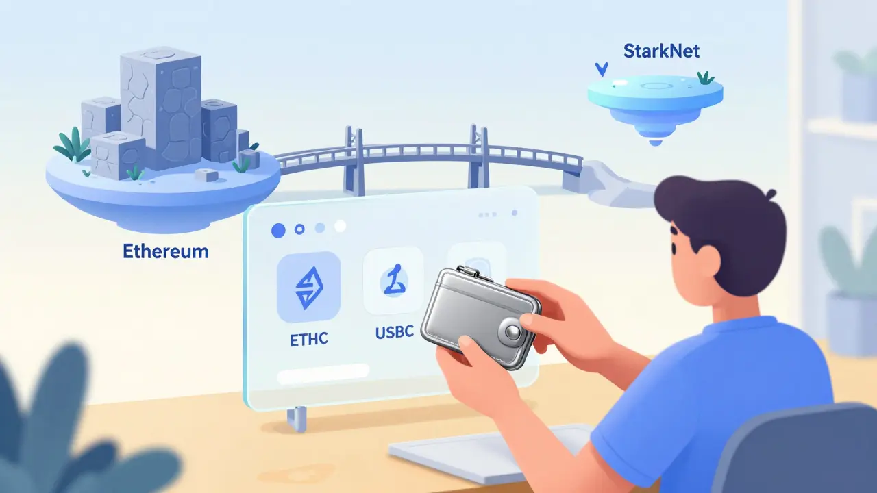 Cartoon of a user connecting a wallet to a bridge between Ethereum and StarkNet.
