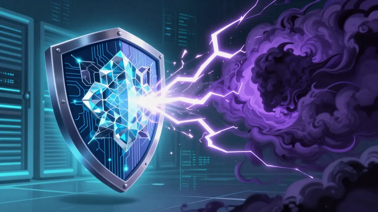 Cartoon shield with crystal patterns blocking quantum lightning attacks.