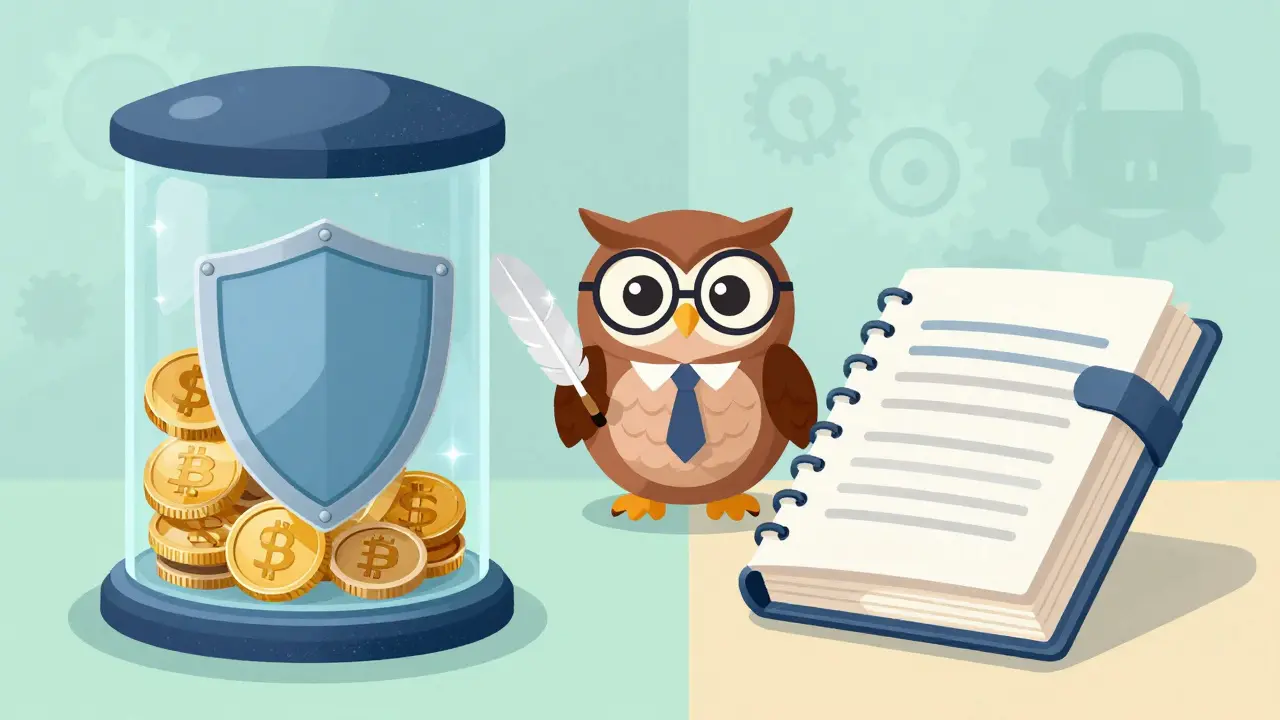 Cartoon showing secure customer funds separated from corporate assets with an auditor.