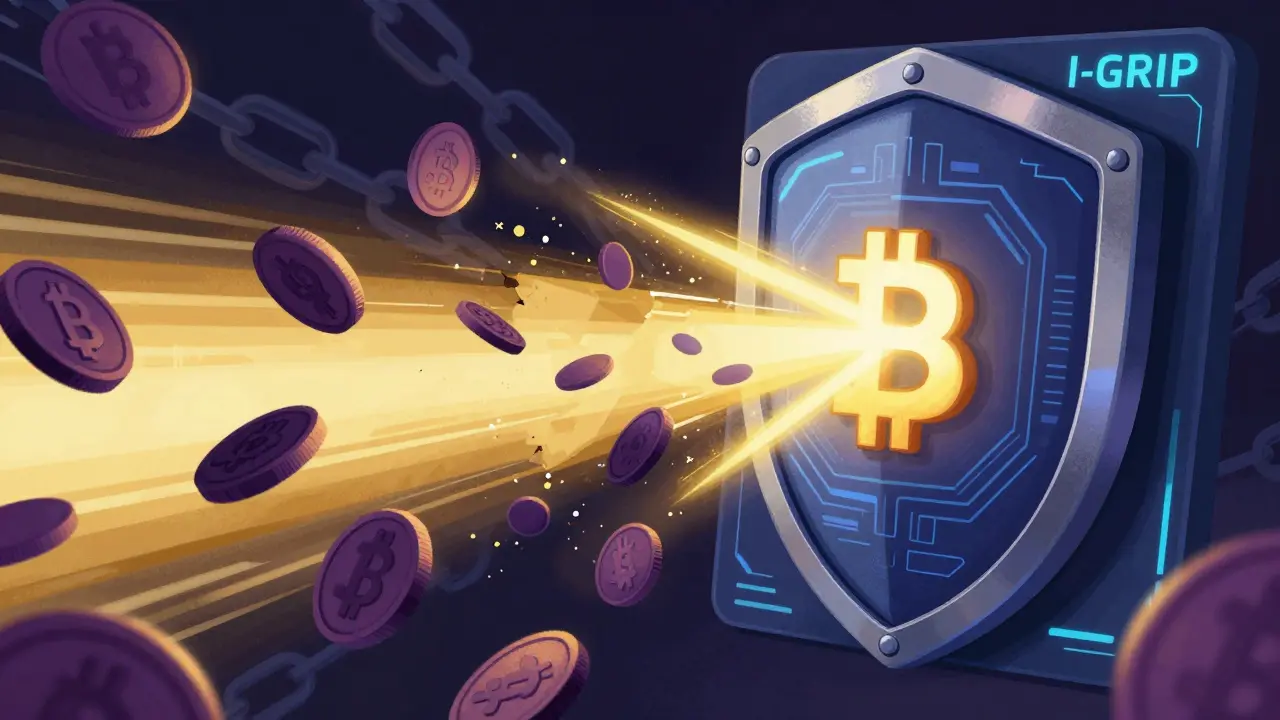 Cartoon-style image of a digital shield stopping illicit crypto transfers with a golden beam of light.