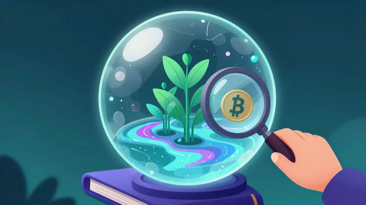 Character inspecting a magical DeFi liquidity pool orb