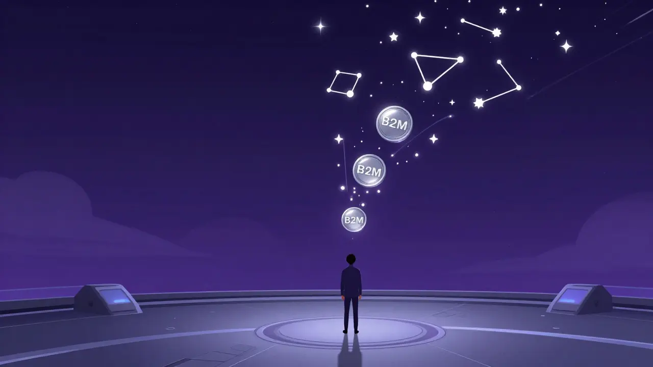 Character watching tokens transform into stars in a night sky on a futuristic platform.