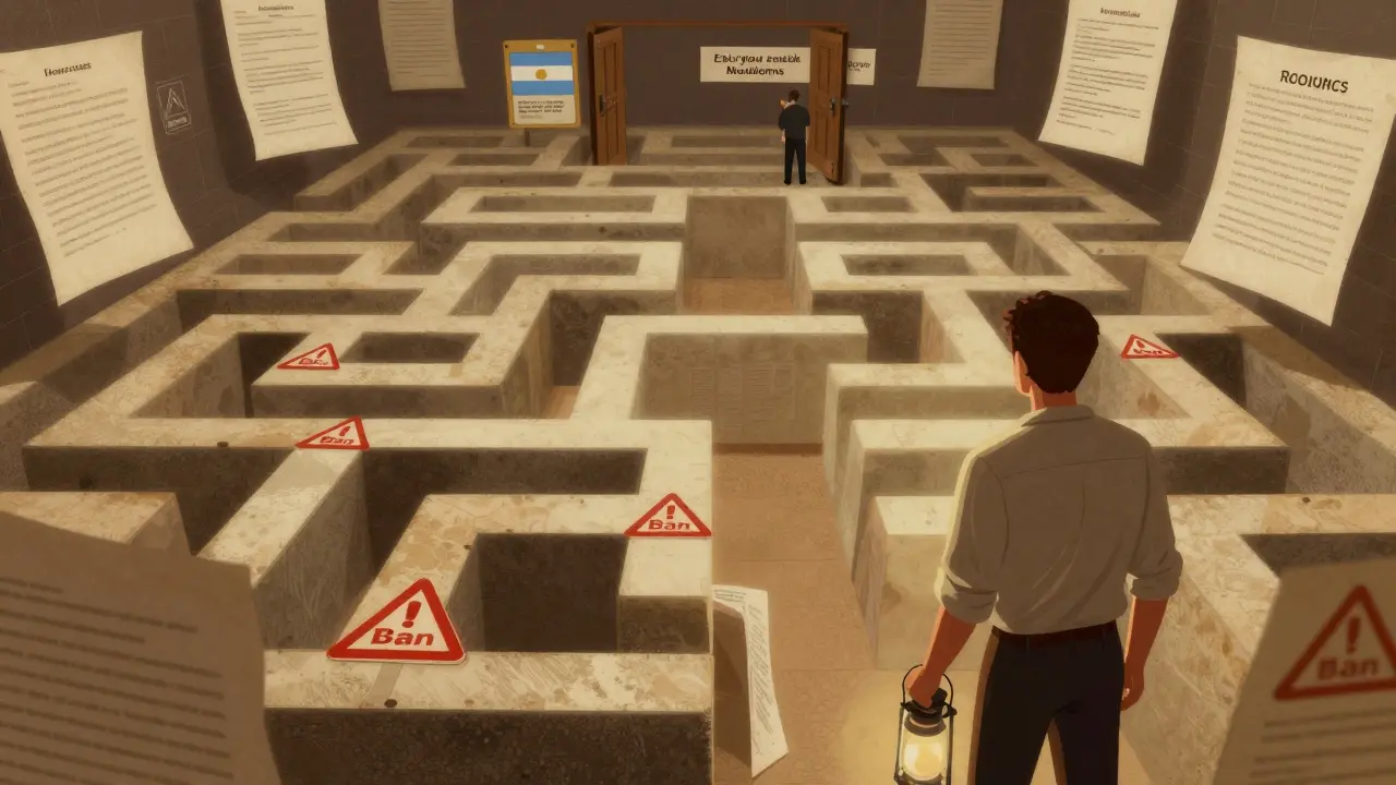 Drawing of a trader navigating a maze of legal restrictions and bans.