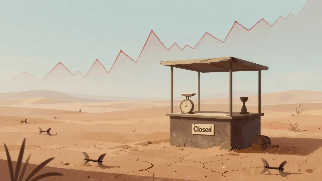 Empty trading booth in a desert with volatile graph in background