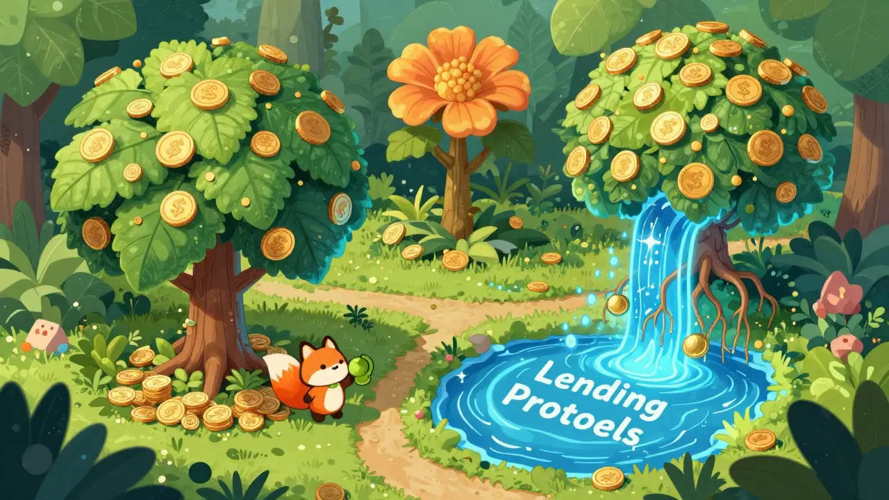 Fantasy garden with money trees and a fox collecting yield fruits
