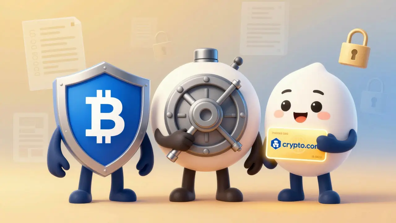 Friendly characters representing safe, regulated crypto exchanges standing securely.