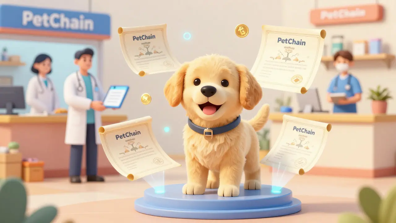 Futuristic puppy with floating digital pedigree certificates