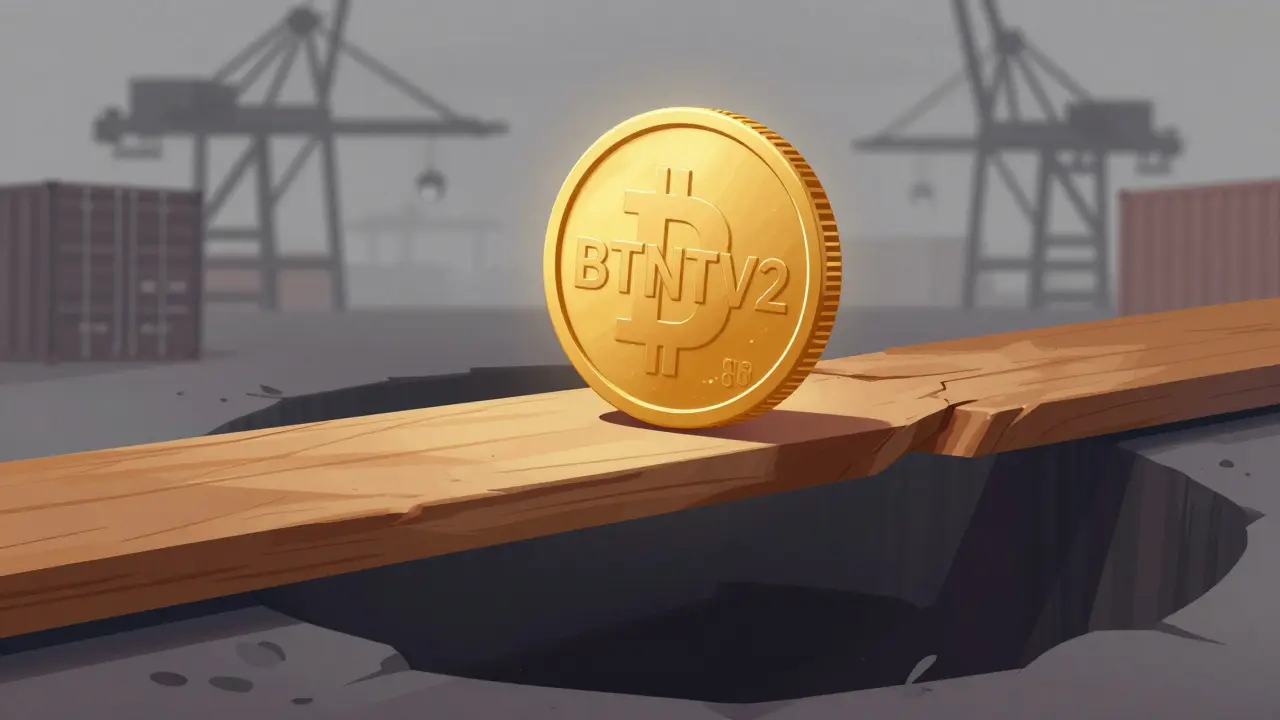 Gold coin balancing on a thin plank over a void, symbolizing investment risk