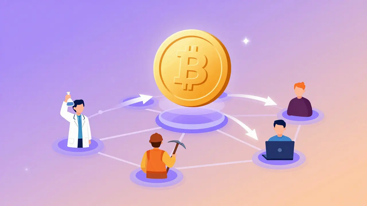 Gold token connecting scientists, miners, and developers in a network