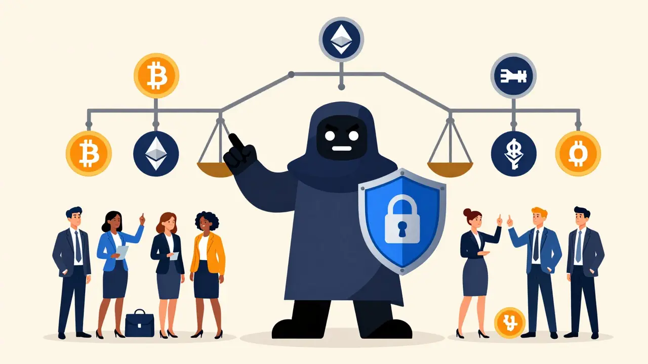 Guardian figure managing multi-chain crypto security policies