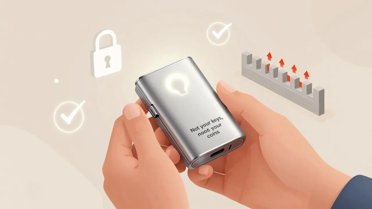 Hands holding a hardware wallet with security symbols protecting digital assets.