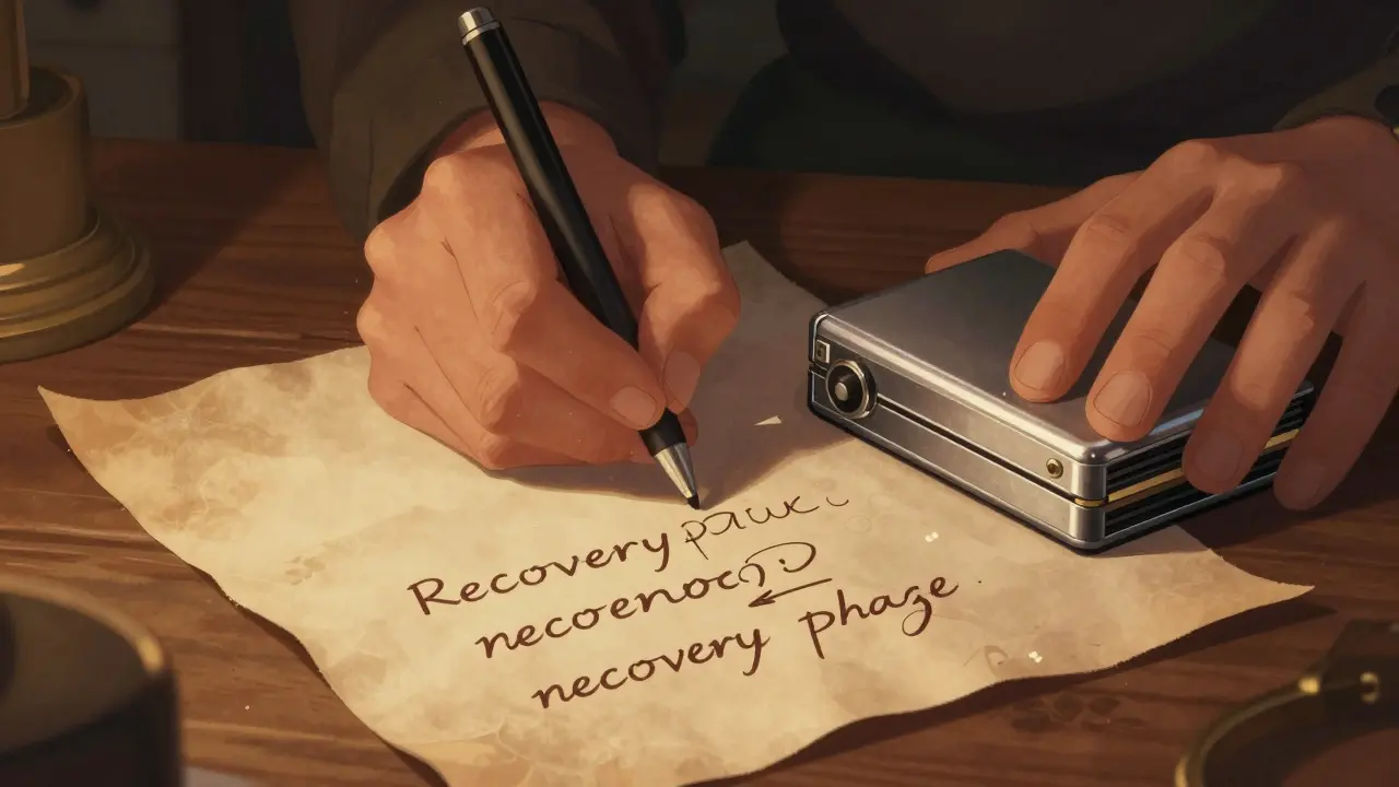 Hands writing seed phrase next to a hardware wallet