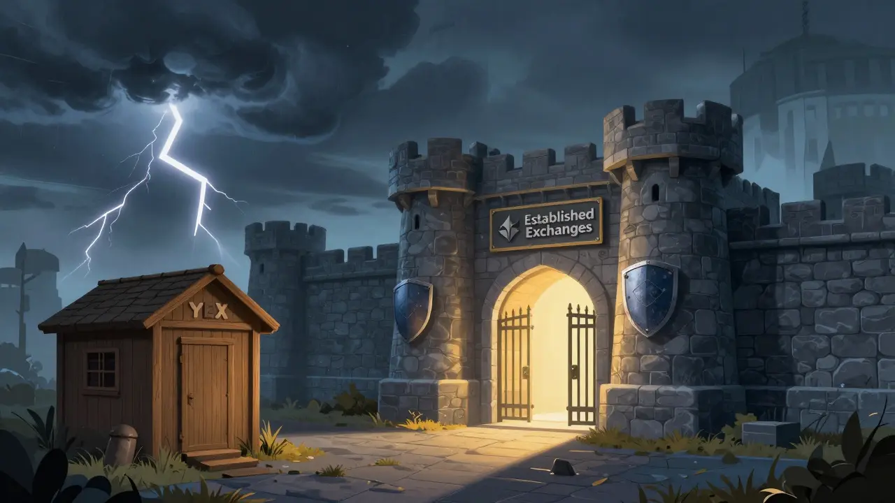Illustration contrasting a vulnerable shack with a fortified secure exchange building.
