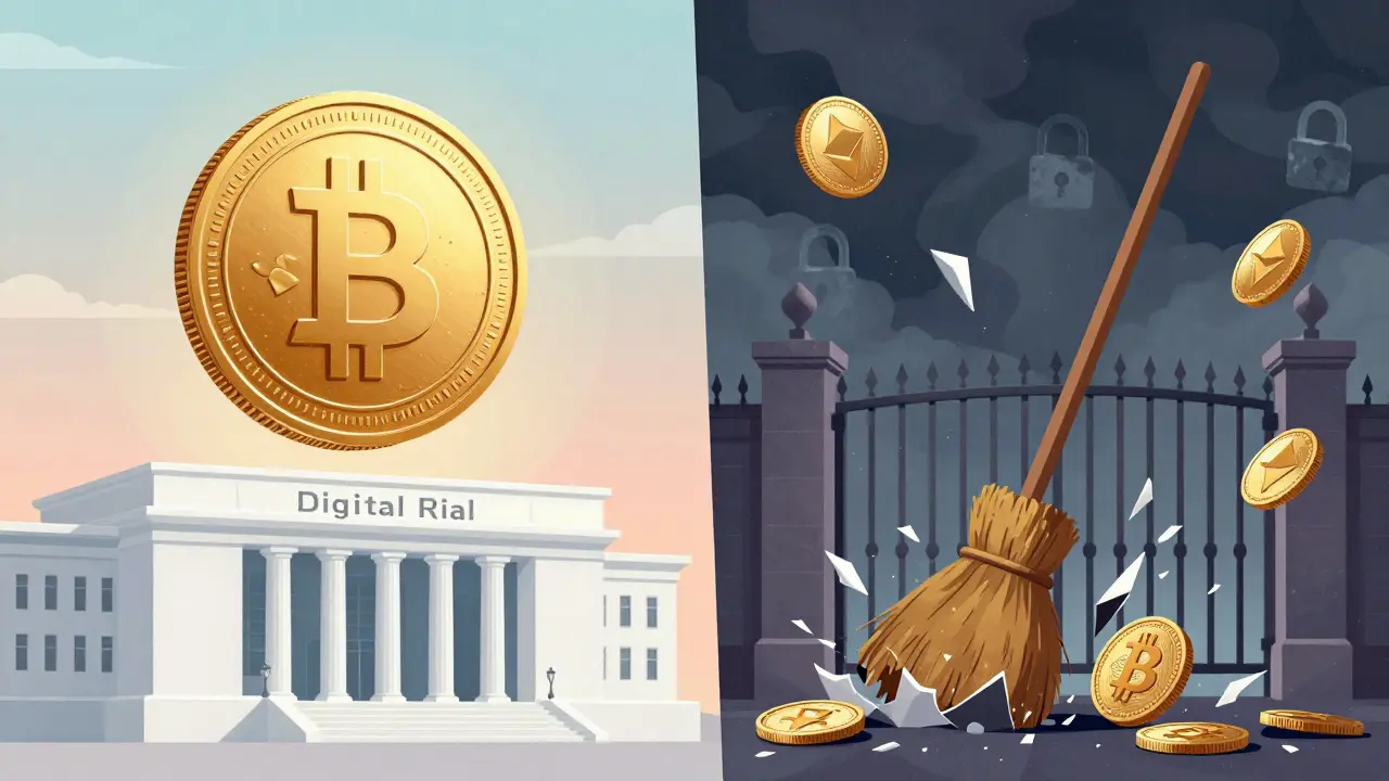 Illustration contrasting the official Digital Rial with banned private cryptocurrencies