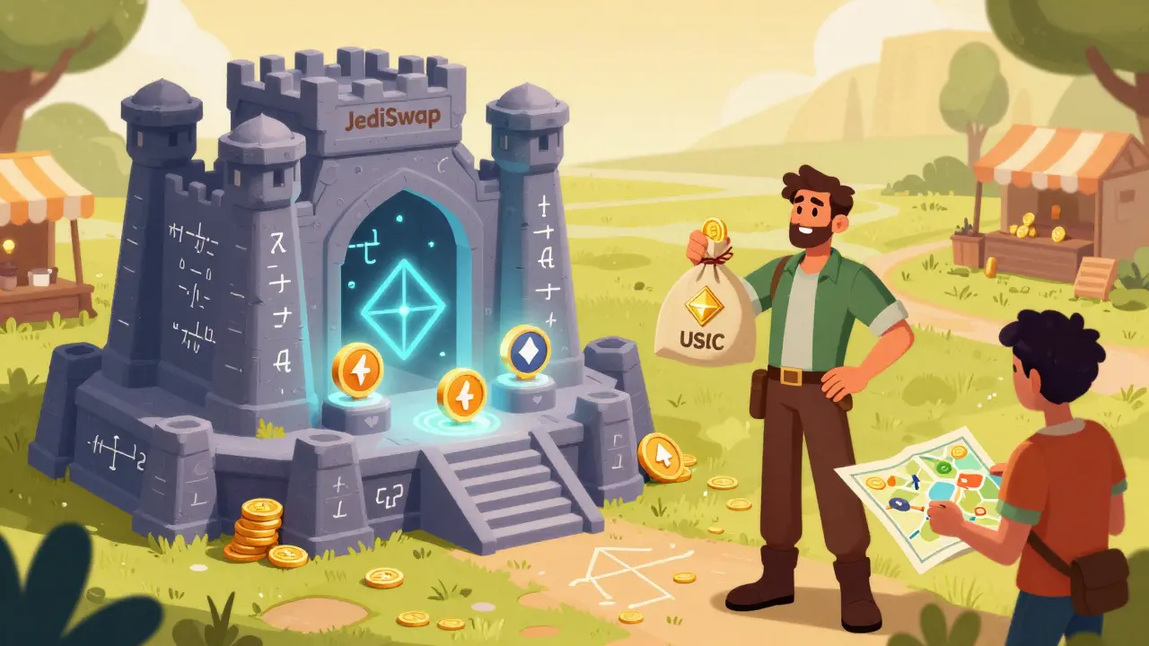 Illustration of a secure trading fortress with major tokens and a satisfied trader.