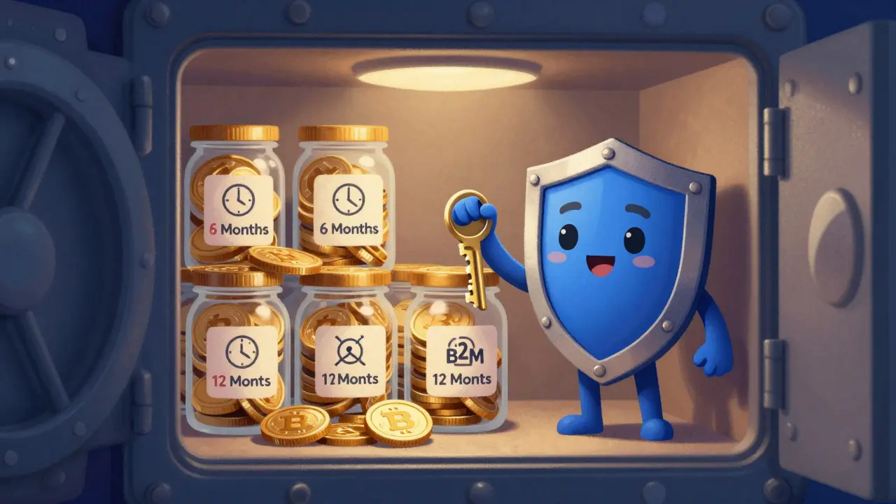 Illustration of a secure vault with stacked tokens in jars guarded by a shield character.