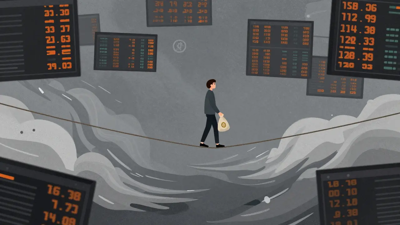 Illustration of a trader walking a tightrope over volatile market data risks.
