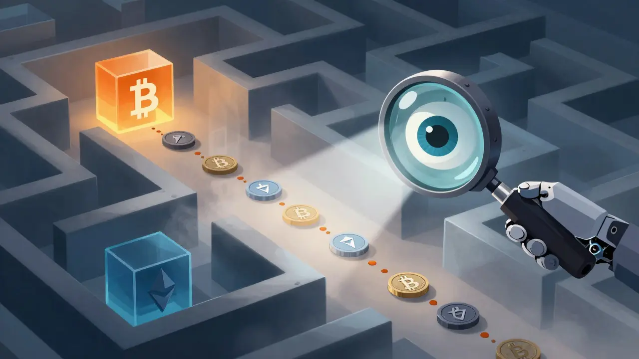 Illustration of an AI tool tracing hidden crypto funds through a complex, multi-colored blockchain maze.
