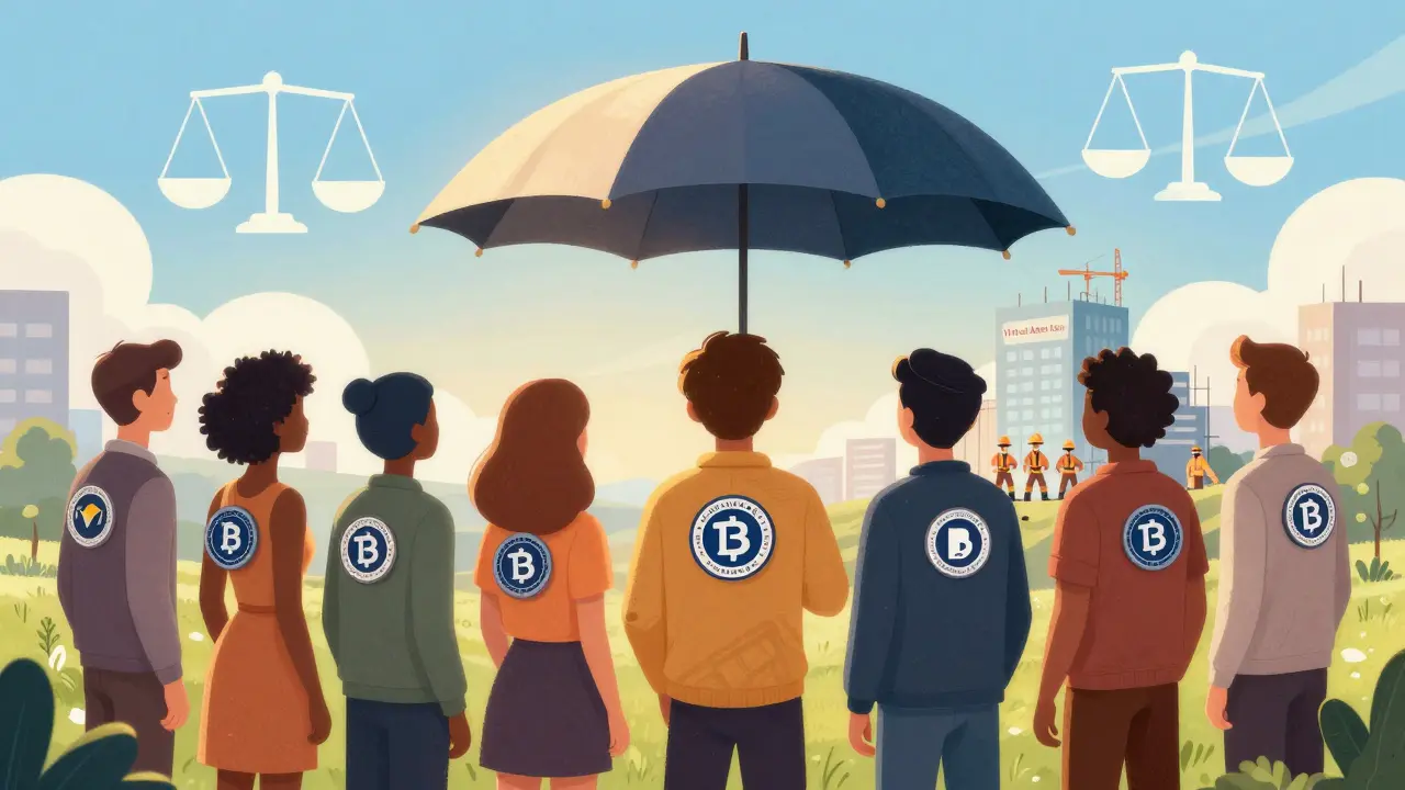 Illustration of exchanges united under a shield, looking toward future crypto regulations.