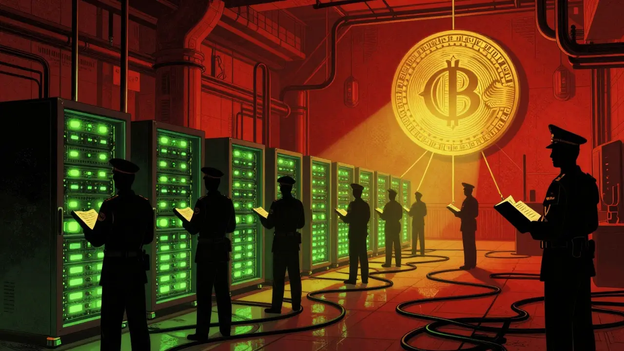 Illustration of state-controlled crypto mining facilities with strict oversight