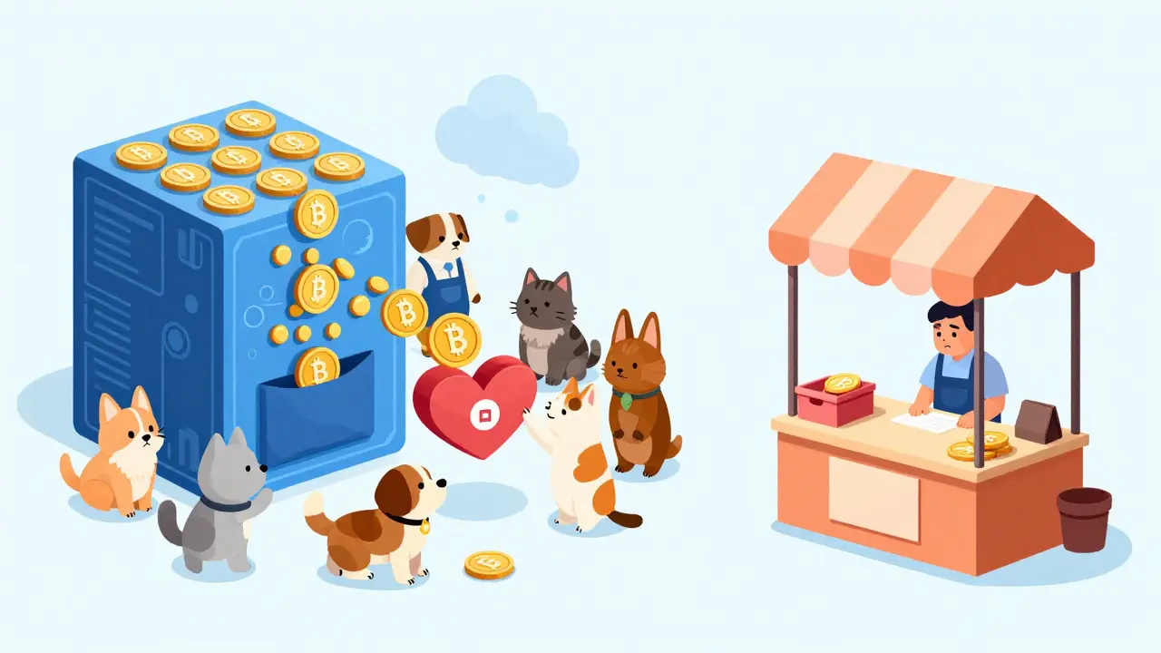 Illustration showing mining rewards splitting into charity donations
