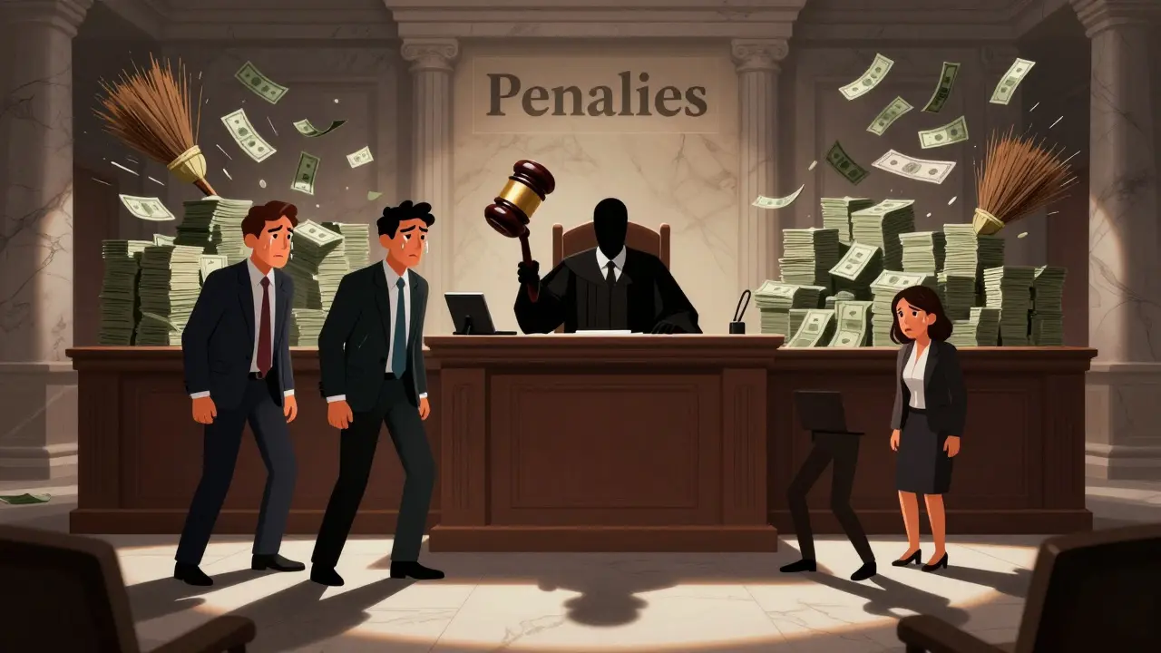 Judge with giant gavel presiding over anxious bankers and executives