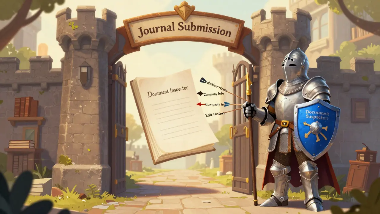 Knight protecting a document from revealing personal metadata at submission gate.
