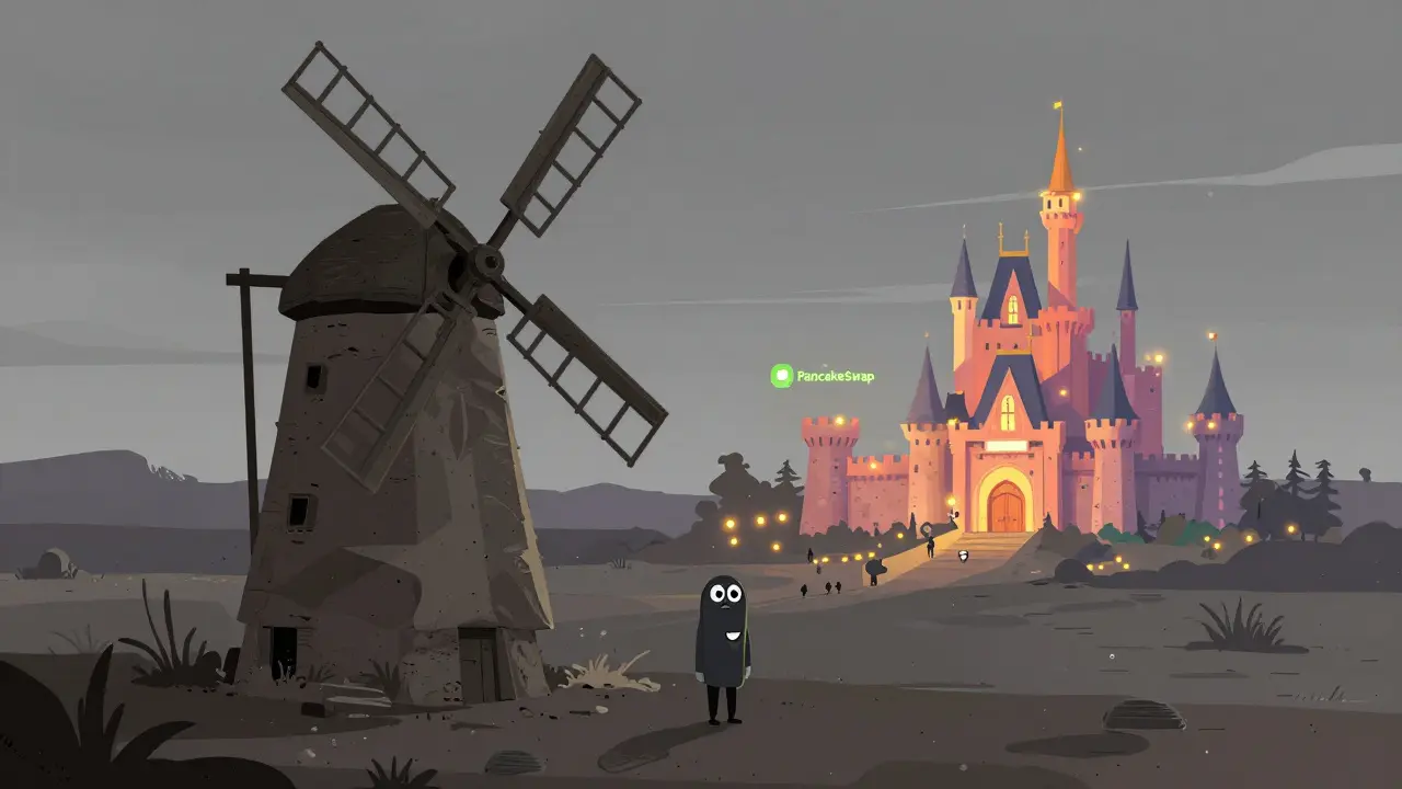 Lonely windmill vs busy castle illustrating crypto risks