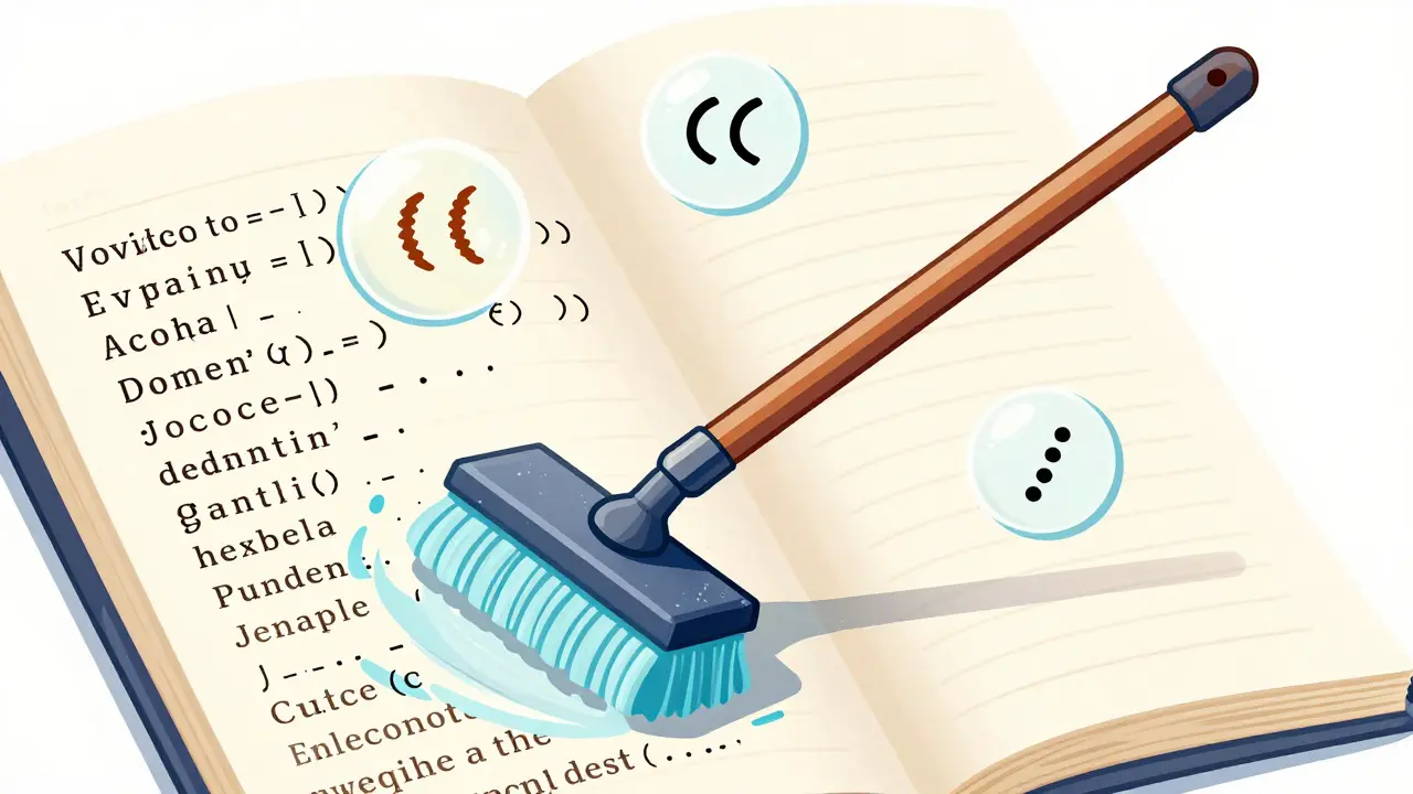 Magical wand fixing spacing and formatting errors on a manuscript page.