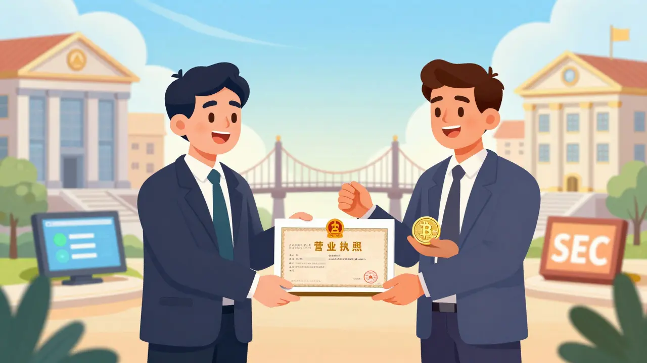 Official handing crypto license to businessman in sunny setting