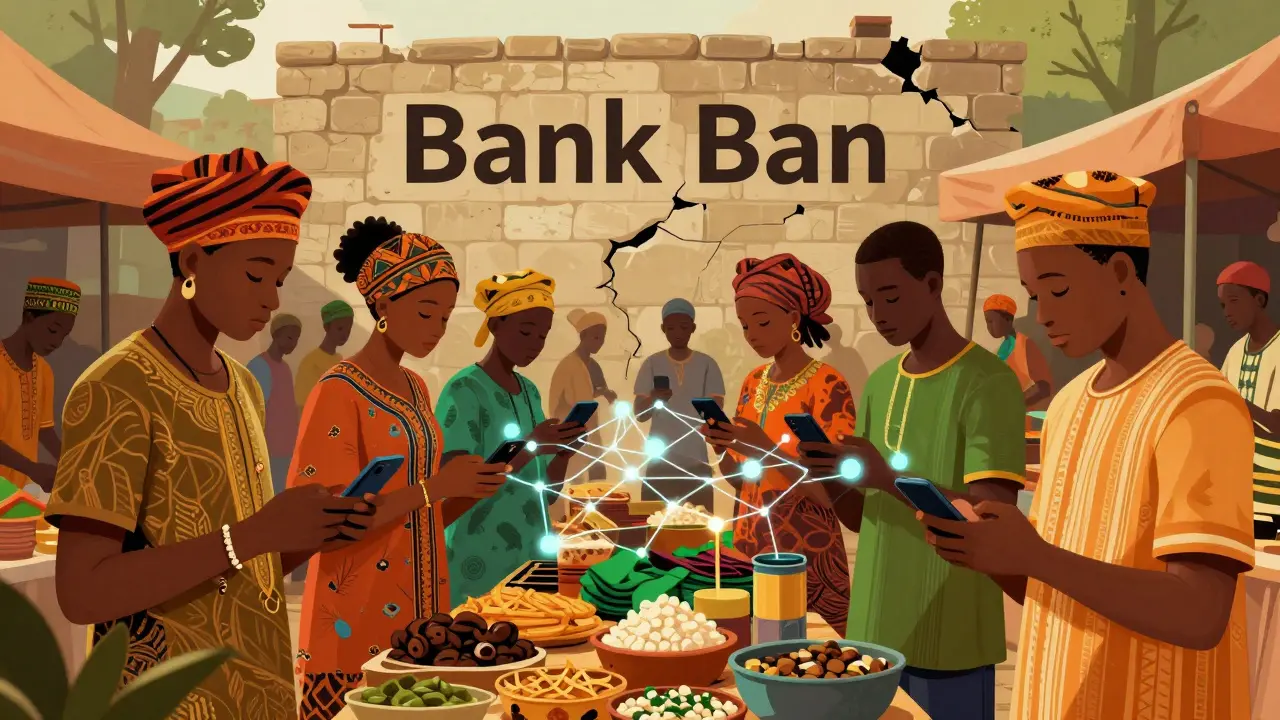 People trading crypto via peer-to-peer phones in a vibrant market