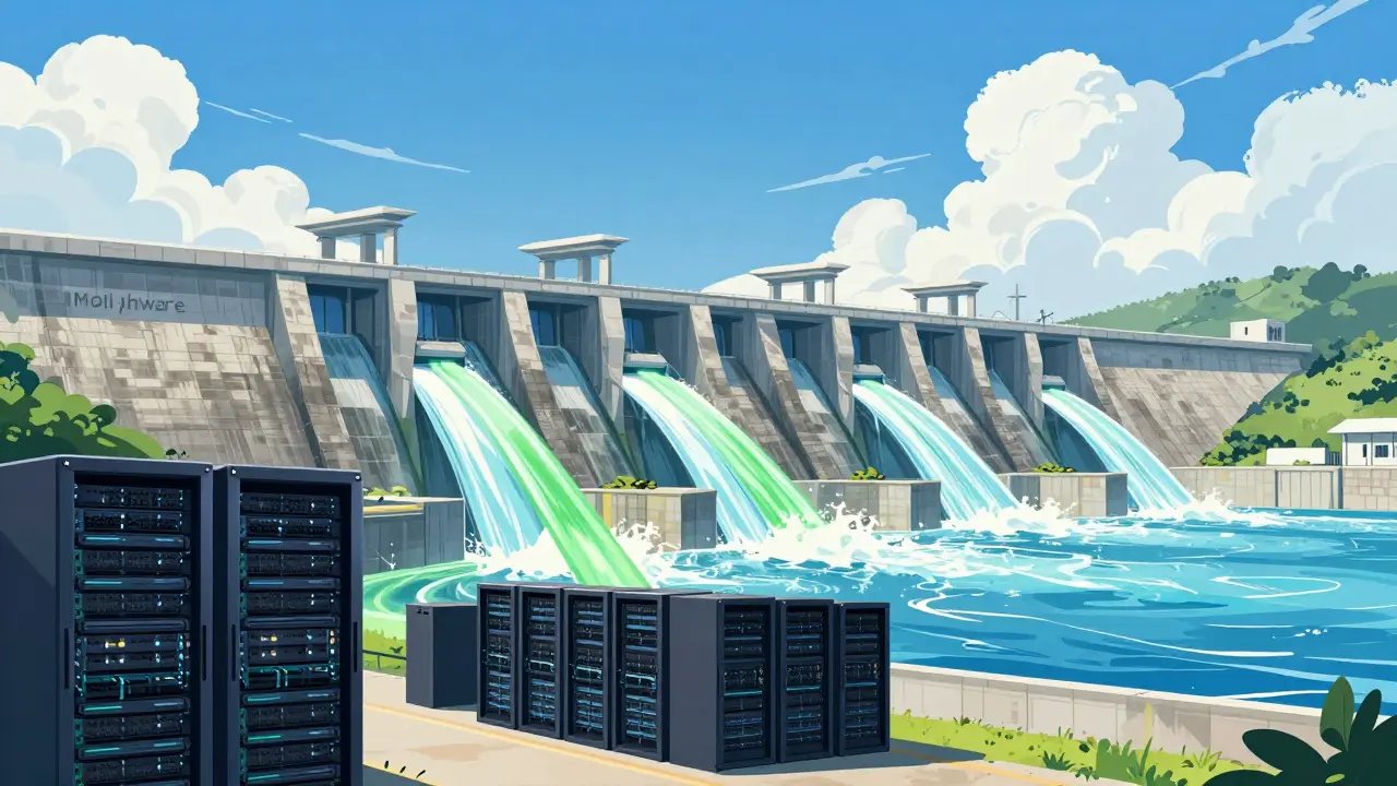 Servers powered by hydroelectric dam water in a colorful illustration