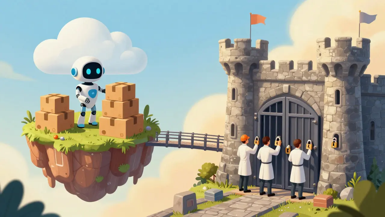 Split illustration comparing cloud security robots with on-premise castle guards.