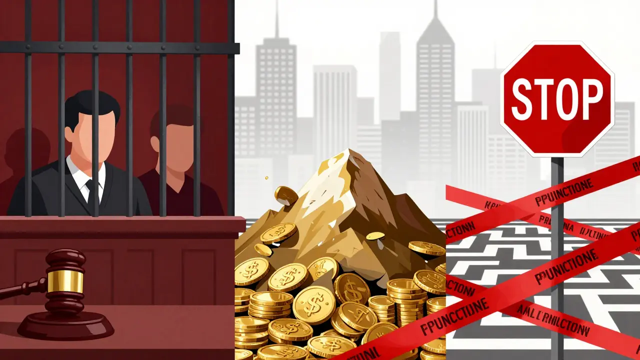 Symbolic illustration of criminal, civil, and administrative AML penalties.