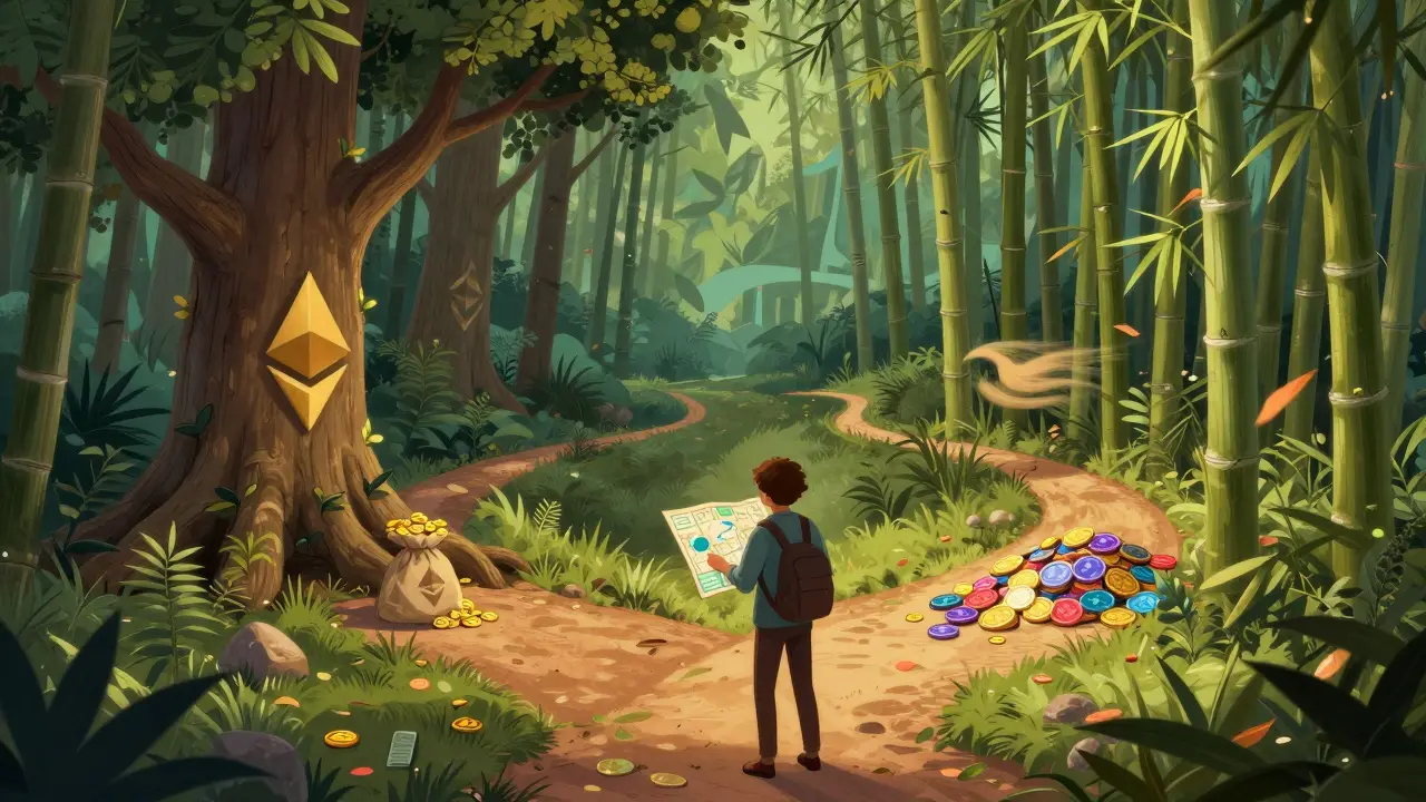 Traveler at a fork in the road choosing between Ethereum and Solana paths