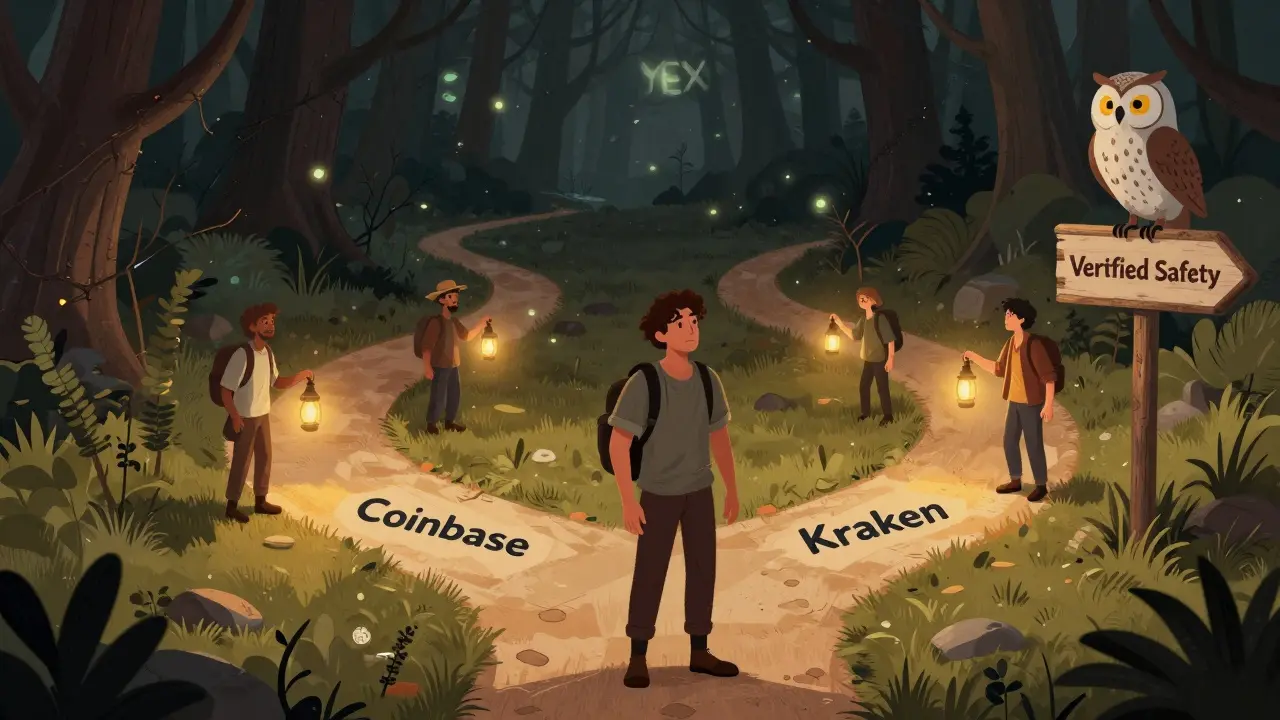 Traveler choosing a safe, lit path over a dark, risky road in a storybook scene.
